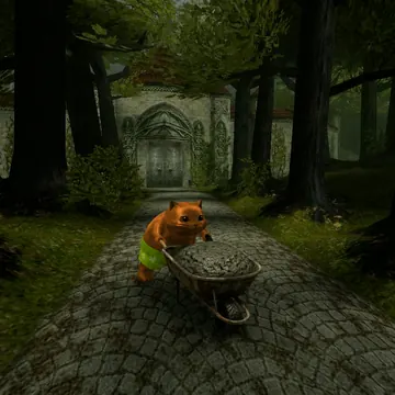 Penny pushing a wheelbarrow of cement